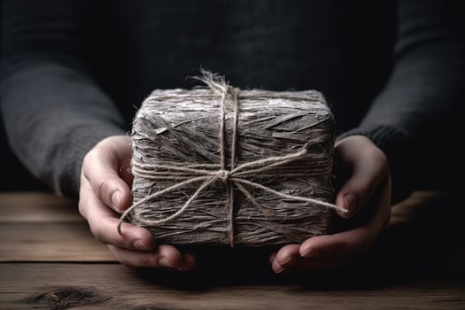 AI generated a person holding a wrapped gift wrapped in twine photo