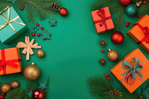 AI generated christmas gifts on green background photo