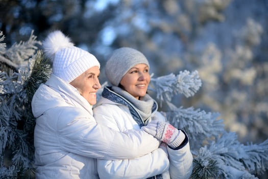 Portrait of happy women in winter clothes posing outdoors photo