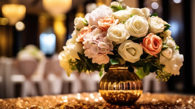 AI generated Beautiful luxury wedding floral centerpieces flower bouquet in a vase or pot on the wedding table or as a decoration in a romantic dinner or wedding table reception. Copy space. photo