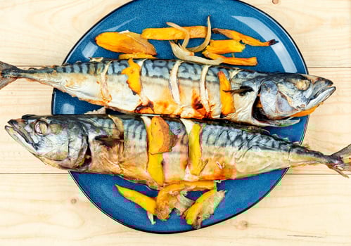 Baked mackerel with mango. photo