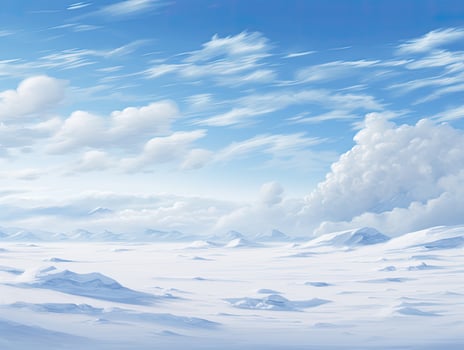 AI generated Snowy winter landscape against a blue sky with fluffy white clouds photo