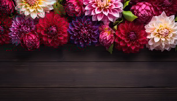AI generated Colorful dahlia flowers on wooden background. Top view with copy space. AI Generated. photo