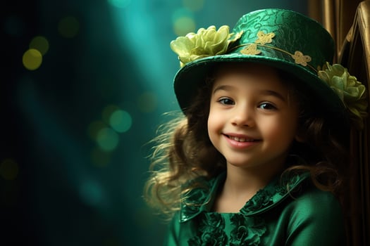 AI generated Portrait of a beautiful little girl in a green hat.St. Patrick's Day Concept photo