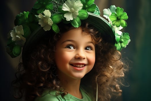 AI generated Portrait of a beautiful little girl in a green hat.St. Patrick's Day Concept photo