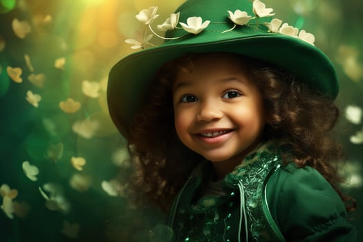 AI generated Portrait of a beautiful little girl in a green hat.St. Patrick's Day Concept photo