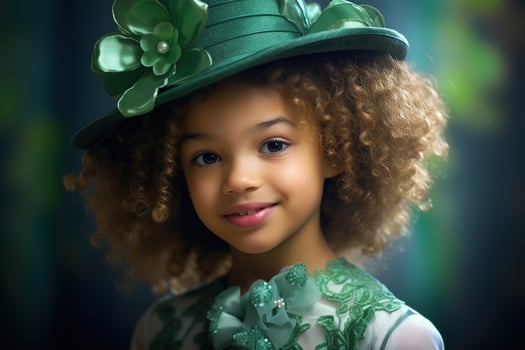 AI generated Portrait of a beautiful little girl in a green hat.St. Patrick's Day Concept photo