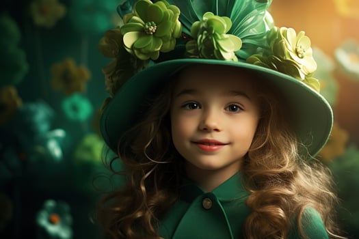 AI generated Portrait of a beautiful little girl in a green hat.St. Patrick's Day Concept photo