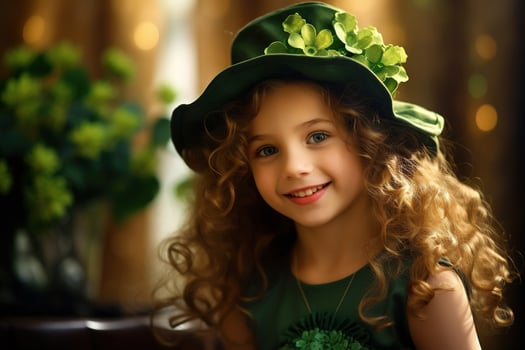 AI generated Portrait of a beautiful little girl in a green hat.St. Patrick's Day Concept photo