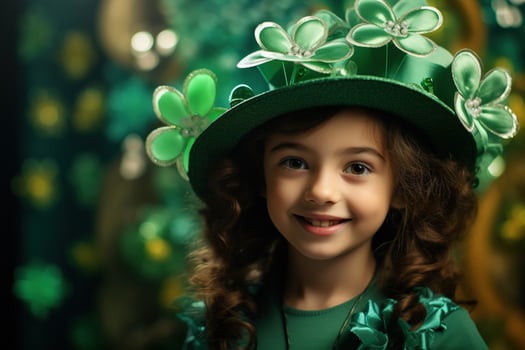 AI generated Portrait of a beautiful little girl in a green hat.St. Patrick's Day Concept photo