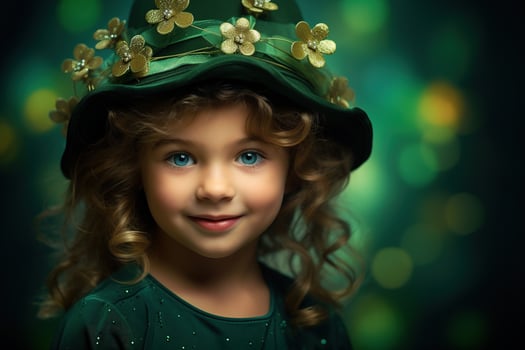 AI generated Portrait of a beautiful little girl in a green hat.St. Patrick's Day Concept photo