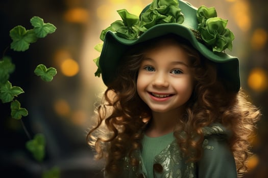 AI generated Portrait of a beautiful little girl in a green hat.St. Patrick's Day Concept photo