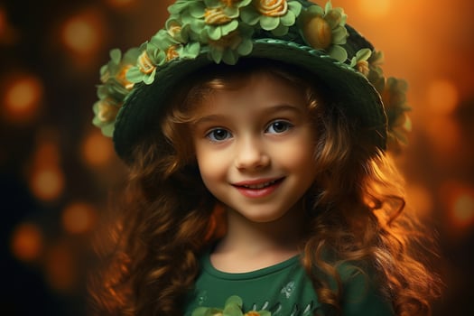 AI generated Portrait of a beautiful little girl in a green hat.St. Patrick's Day Concept photo