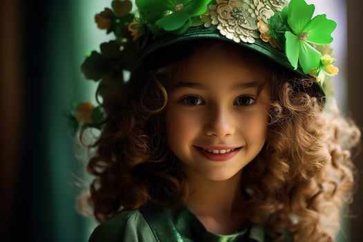 AI generated Portrait of a beautiful little girl in a green hat.St. Patrick's Day Concept photo