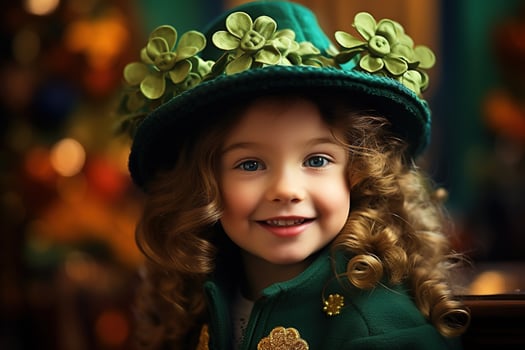 AI generated Portrait of a beautiful little girl in a green hat.St. Patrick's Day Concept photo