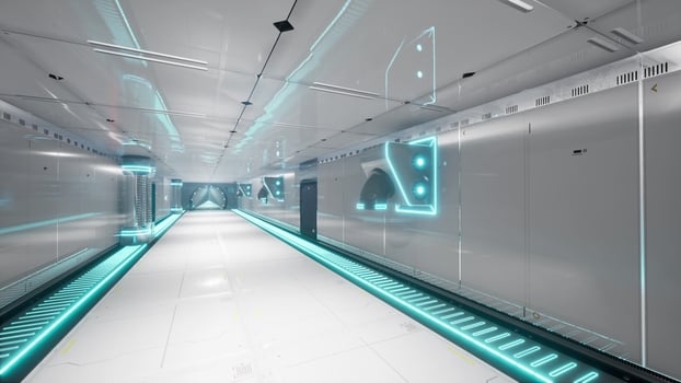 A futuristic laboratory hallway illuminated by vibrant neon lights photo