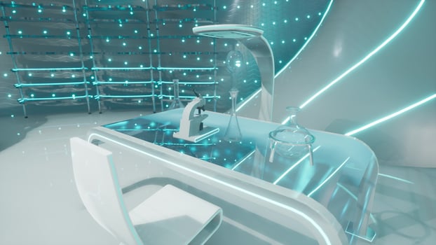 A futuristic laboratory with a sleek white table and chairs photo