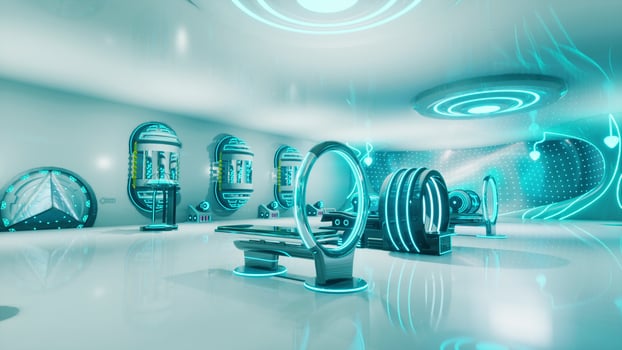 A futuristic laboratory with vibrant blue lights illuminating the white plastic photo