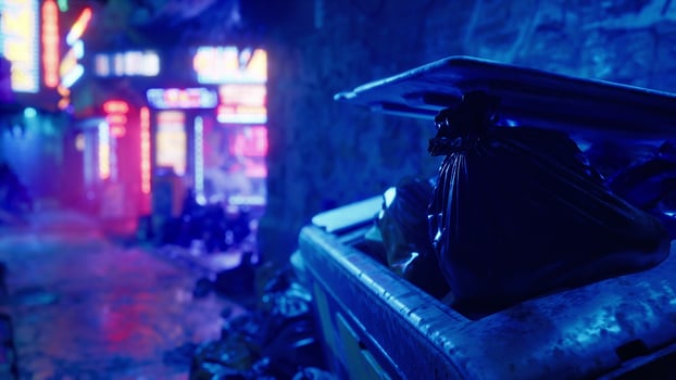 bags of rubbish lie under neon lights photo