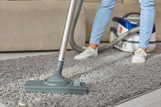 Cropped image of beautiful young woman using a vacuum cleaner while cleaning carpet in the house photo