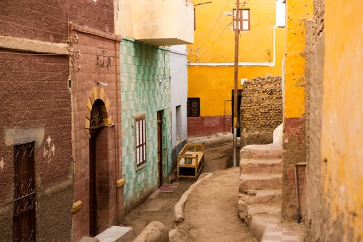 Colourful exterior wall of a Nubian house in Egypt. Typical African village houses facade. Medieval street. photo