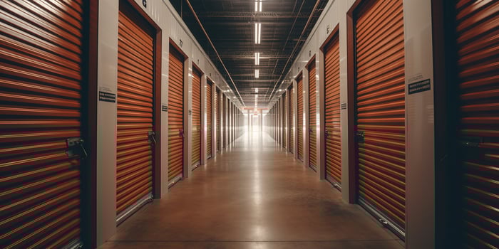 AI generated Generative AI, Mini colorful metal self storage facilities rental units, warehouse exterior, industry garage building. photo