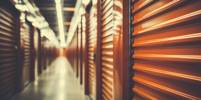 AI generated Generative AI, Mini colorful metal self storage facilities rental units, warehouse exterior, industry garage building. photo