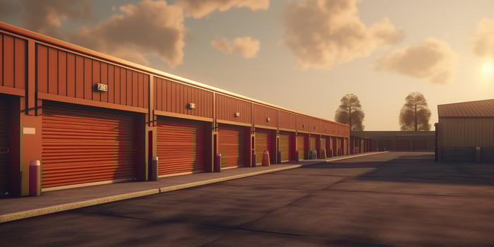 AI generated Generative AI, Mini colorful metal self storage facilities rental units, warehouse exterior, industry garage building. photo