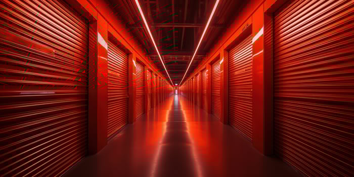 AI generated Generative AI, Mini colorful metal self storage facilities rental units, warehouse exterior, industry garage building. photo