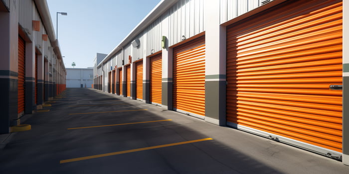 AI generated Generative AI, Mini colorful metal self storage facilities rental units, warehouse exterior, industry garage building. photo