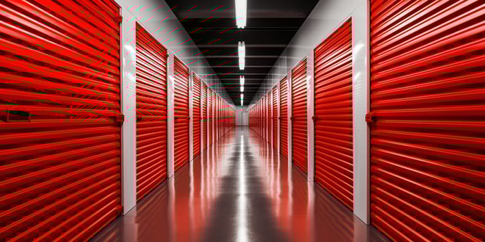 AI generated Generative AI, Mini colorful metal self storage facilities rental units, warehouse exterior, industry garage building. photo