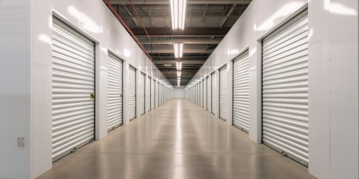 AI generated Generative AI, Mini colorful metal self storage facilities rental units, warehouse exterior, industry garage building. photo