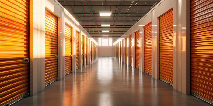 AI generated Generative AI, Mini colorful metal self storage facilities rental units, warehouse exterior, industry garage building. photo