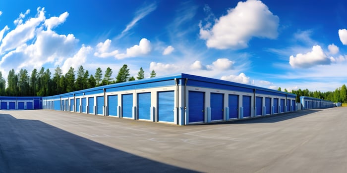 AI generated Generative AI, Mini colorful metal self storage facilities rental units, warehouse exterior, industry garage building. photo