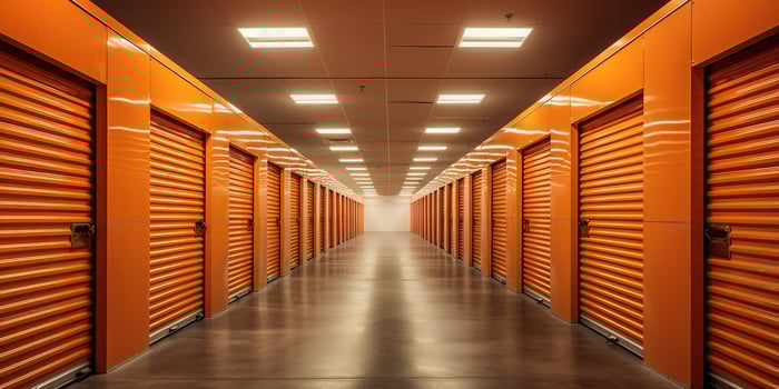 AI generated Generative AI, Mini colorful metal self storage facilities rental units, warehouse exterior, industry garage building. photo