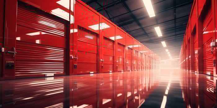 AI generated Generative AI, Mini colorful metal self storage facilities rental units, warehouse exterior, industry garage building. photo