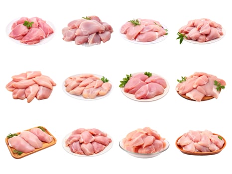 AI generated raw chicken meat collection isolated on white background photo
