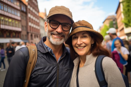 AI generated Senior tourist couple smiling on the street while taking a walk in the city center photo