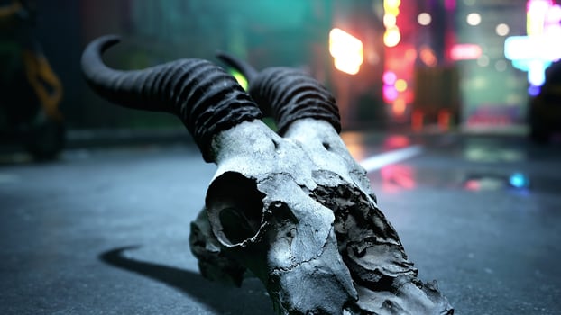 A close up of a animal skull on a street photo