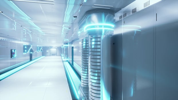 A futuristic hallway illuminated with blue and white lights in a laboratory photo