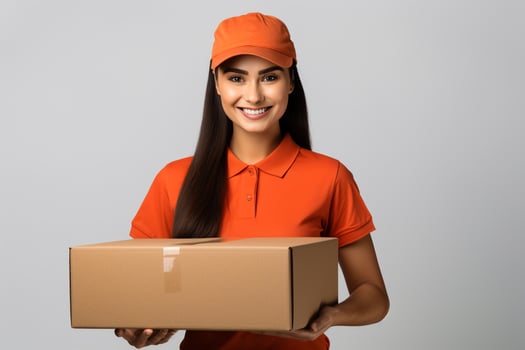 AI generated Beautiful woman in an orange shirt holding cardboard box, delivery service photo