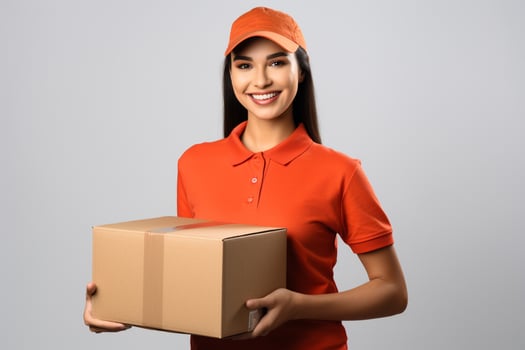 AI generated Beautiful woman in an orange shirt holding cardboard box, delivery service photo
