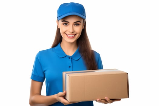 AI generated a smiling woman in blue shirt holding a cardboard box. Delivery woman handing cardboard box photo