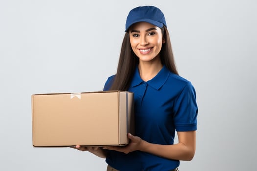 AI generated a smiling woman in blue shirt holding a cardboard box. Delivery woman handing cardboard box photo