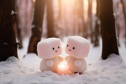 AI generated Two marshmallow lovers walking in the snow in winter photo
