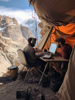 AI generated man working in front of laptop in beautiful place photo
