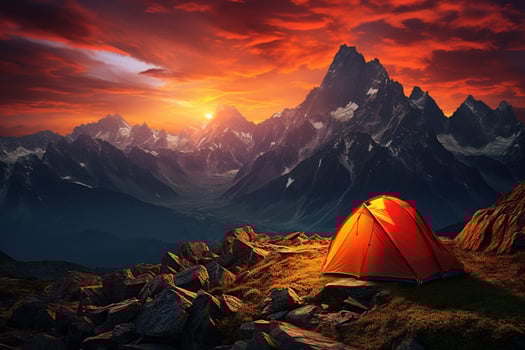 AI generated Tent in the mountains at sunset. Beautiful summer landscape with a tent. photo