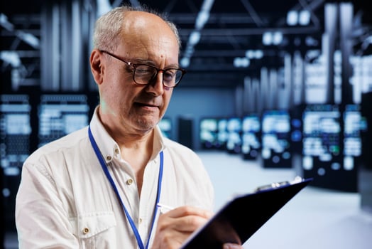 Senior engineer in crypto server farm with specialized hardware using Blockchain technology for cryptocurrency mining. Fintech expert using asic rigs to solve complex computational problems photo