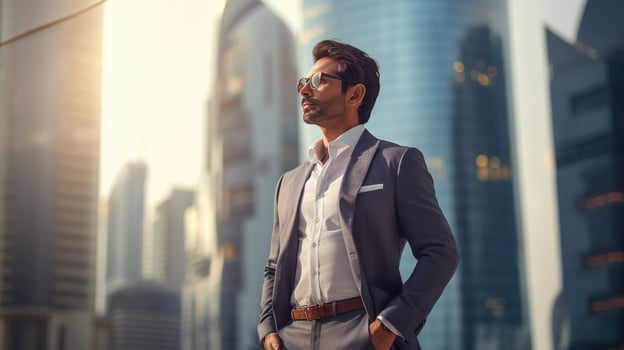 AI generated Confident rich eastern Indian businessman executive standing in a modern big city looking and dreaming of future business success, thinking of new goals, business vision, and leadership photo