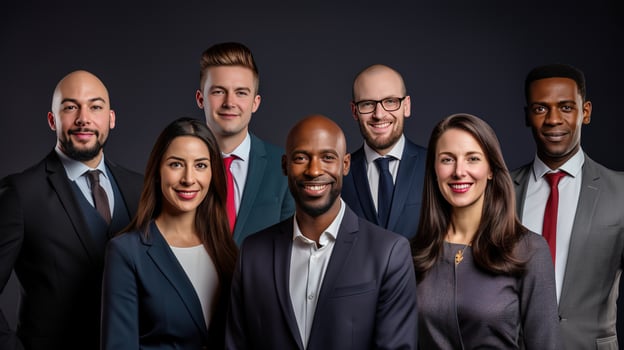 AI generated Collage of portraits of an ethnically diverse and mixed age group of focused business professionals. photo
